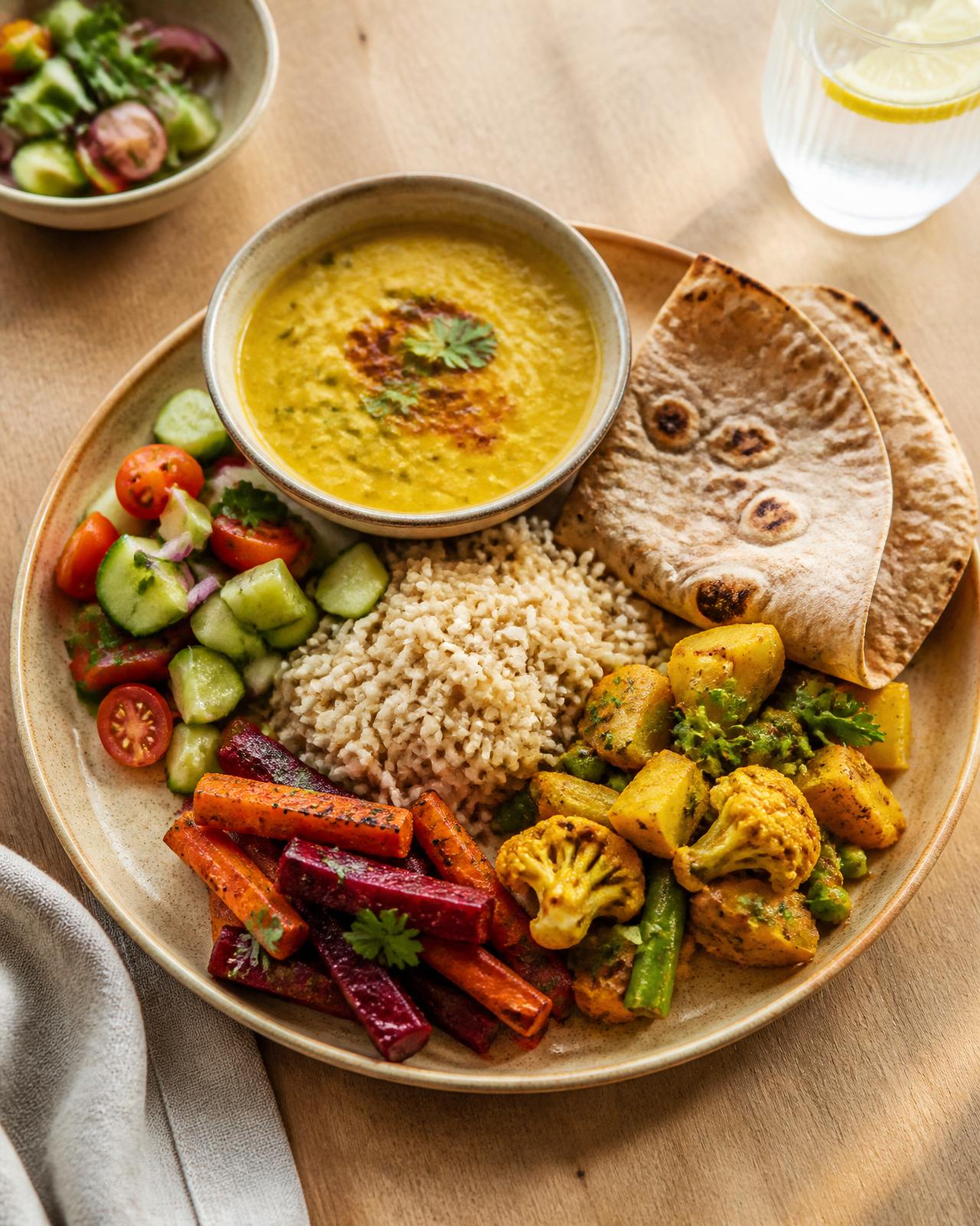 A thoughtfully plated healthy Indian meal — dal, brown rice, roasted vegetables, roti and fresh salad.