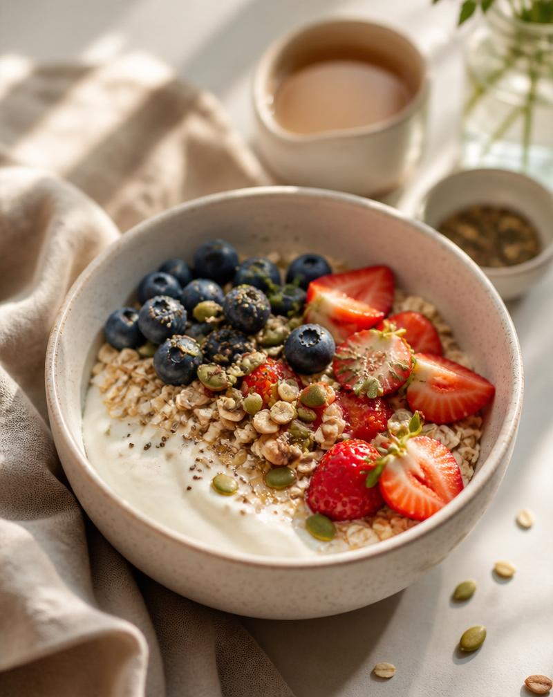 [DEMO] Protein-rich breakfast bowl with oats, berries and seeds (demonstration image).
