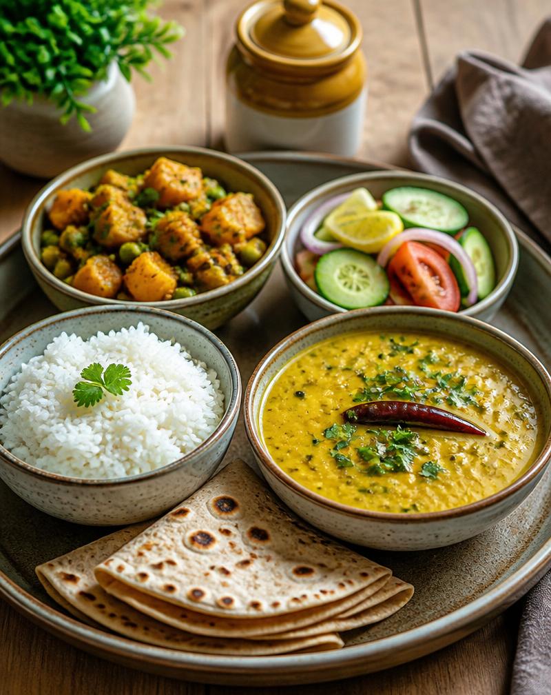 [DEMO] Balanced Indian thali-style lunch with dal, sabzi, rice and roti (demonstration image).